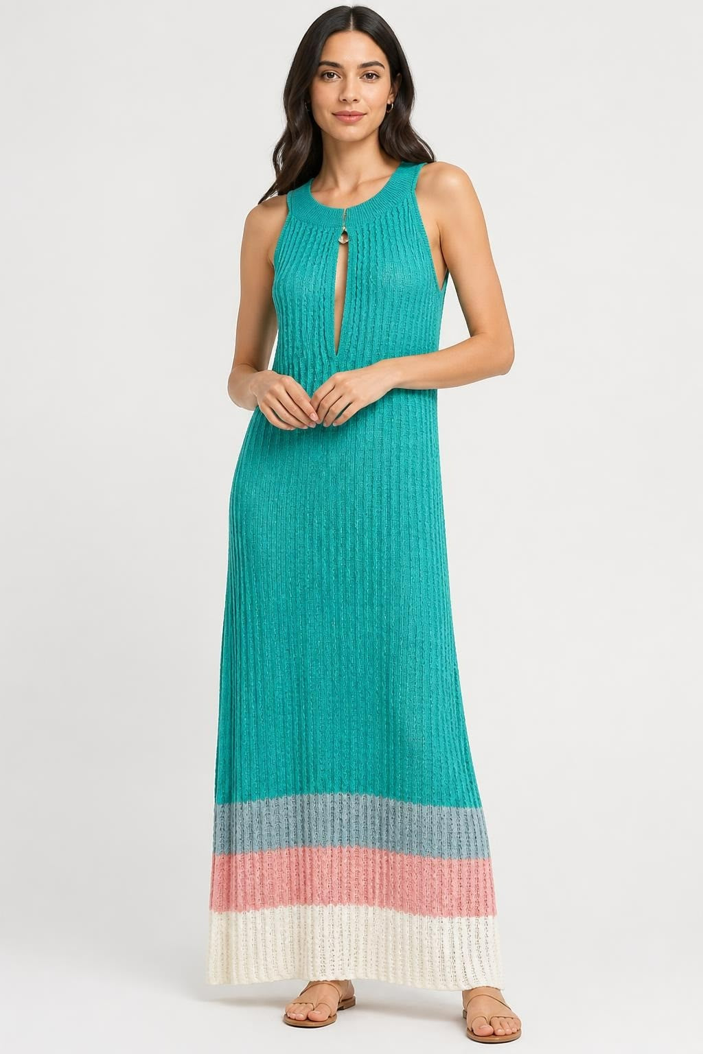 Teal ribbed knit sleeveless dress, striped hem | Pre-Loved | Why Go Less