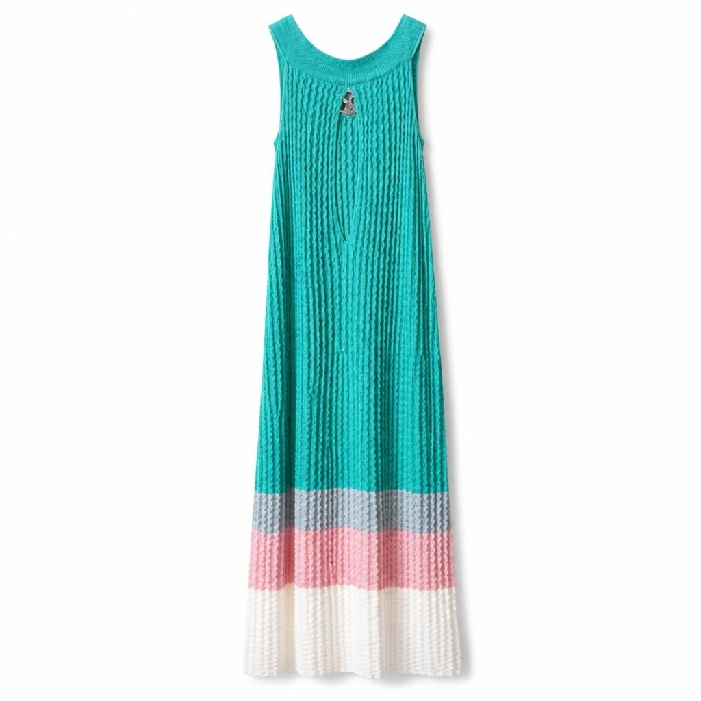 Teal ribbed knit sleeveless dress, striped hem - white studio shot, second-hand at Why Go Less, Dekwaneh, Lebanon