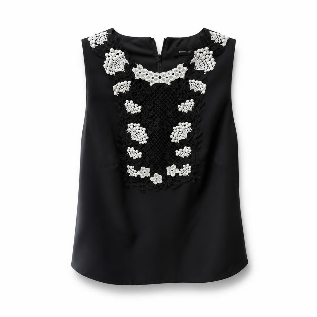 Karen Millen black sleeveless top, lace pearl detail - white studio shot, second-hand at Why Go Less, Dekwaneh, Lebanon