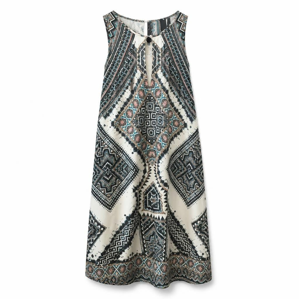 Tribal print sleeveless mini dress, multicolor - white studio shot, second-hand at Why Go Less, Dekwaneh, Lebanon