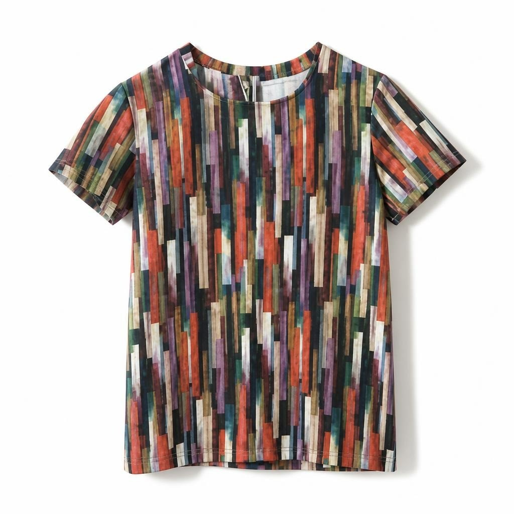 Multicolor abstract print short sleeve top - white studio shot, second-hand at Why Go Less, Dekwaneh, Lebanon