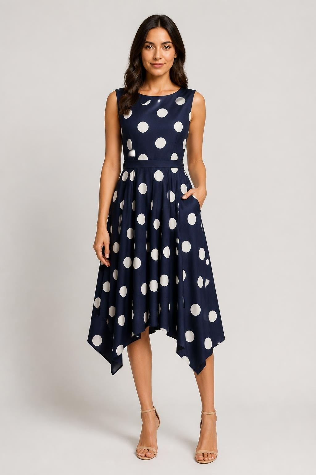 Navy blue polka dot belted midi dress, no tag size | Pre-Loved | Why Go Less