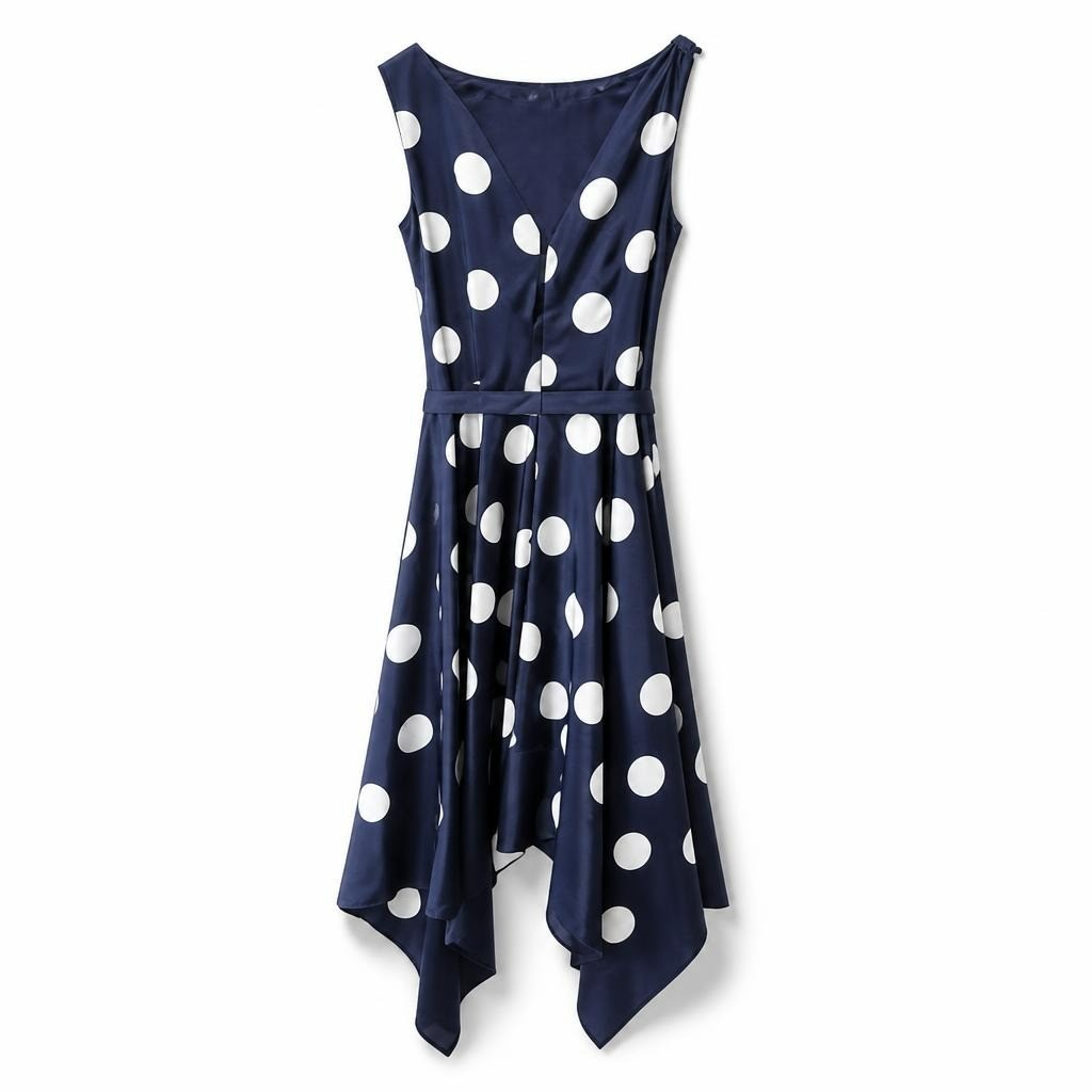 Navy blue polka dot belted midi dress, no tag size - white studio shot, second-hand at Why Go Less, Dekwaneh, Lebanon