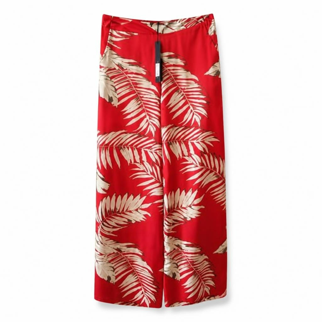 Elli White red tropical leaf wide-leg trousers - white studio shot, second-hand at Why Go Less, Dekwaneh, Lebanon