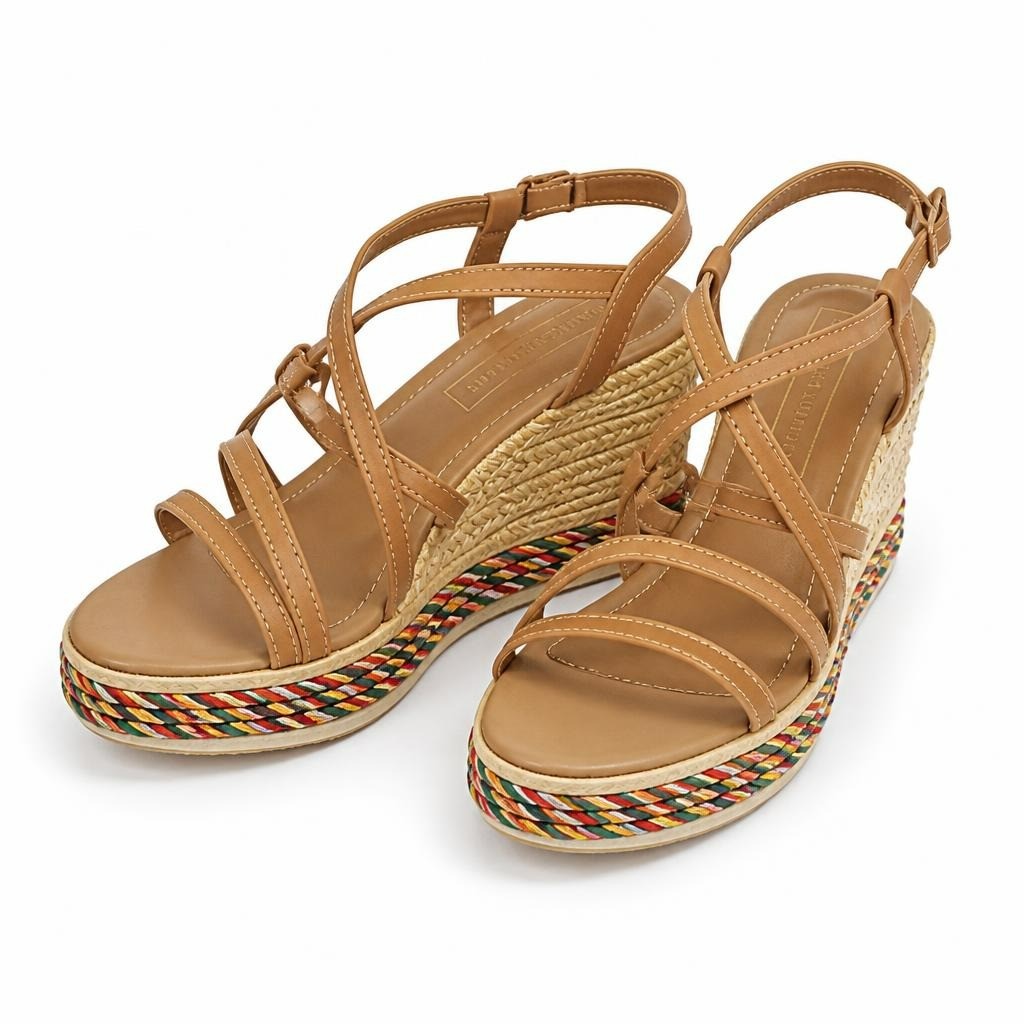 Tommy Hilfiger tan espadrille wedge sandals multicolor - white studio shot, second-hand at Why Go Less, Dekwaneh, Lebanon