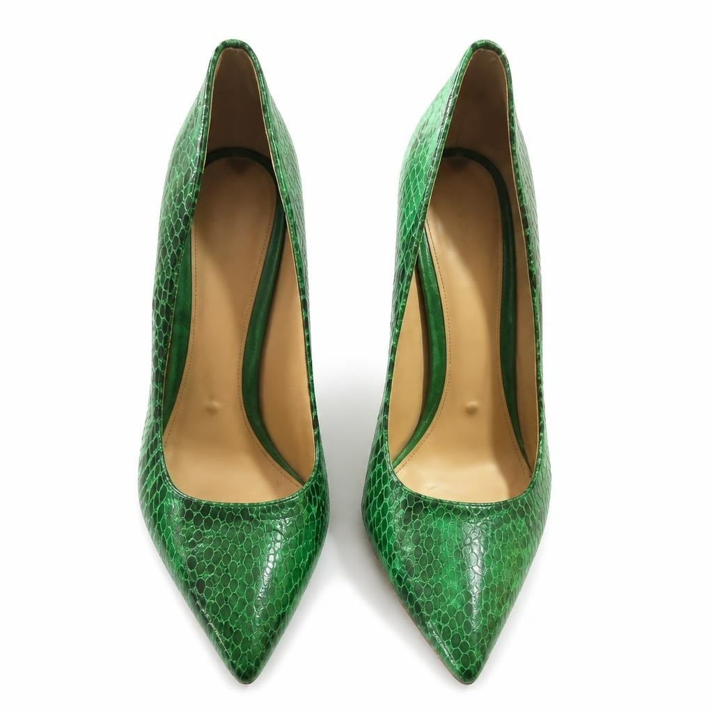 Green snake-embossed pointed-toe stiletto heels Stella - white studio shot, second-hand at Why Go Less, Dekwaneh, Lebanon