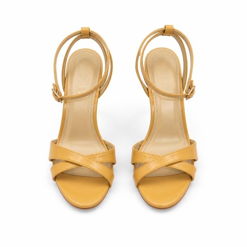 Minelli Nude Patent Strappy Heeled Sandals - white studio shot, second-hand at Why Go Less, Dekwaneh, Lebanon