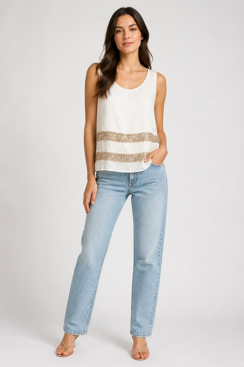 White Sequin-Stripe Sleeveless Top, Myrine | Pre-Loved | Why Go Less