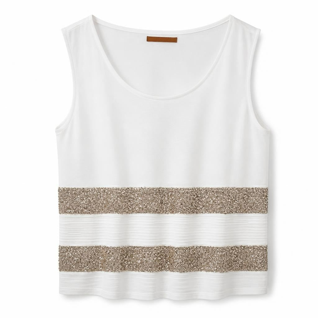 White Sequin-Stripe Sleeveless Top, Myrine - white studio shot, second-hand at Why Go Less, Dekwaneh, Lebanon