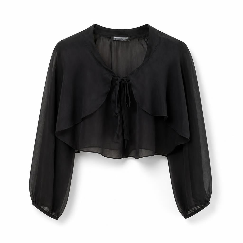 Black Sheer Ruffle Crop Tie-Front Blouse - white studio shot, second-hand at Why Go Less, Dekwaneh, Lebanon