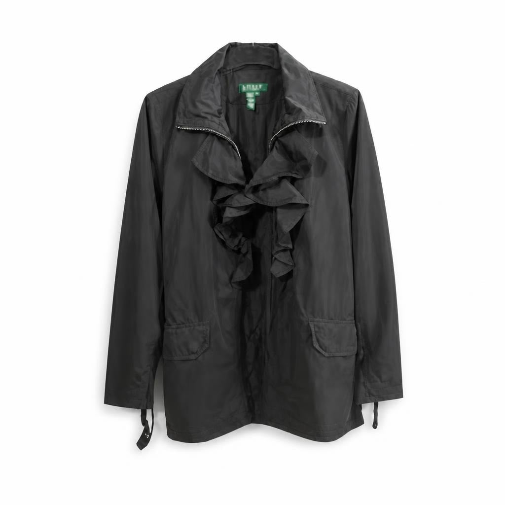 Lauren Ralph Lauren Black Ruffle Zip Jacket - white studio shot, second-hand at Why Go Less, Dekwaneh, Lebanon