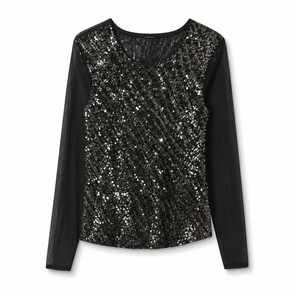Black Sequin Long Sleeve Top Mesh Sleeves - white studio shot, second-hand at Why Go Less, Dekwaneh, Lebanon