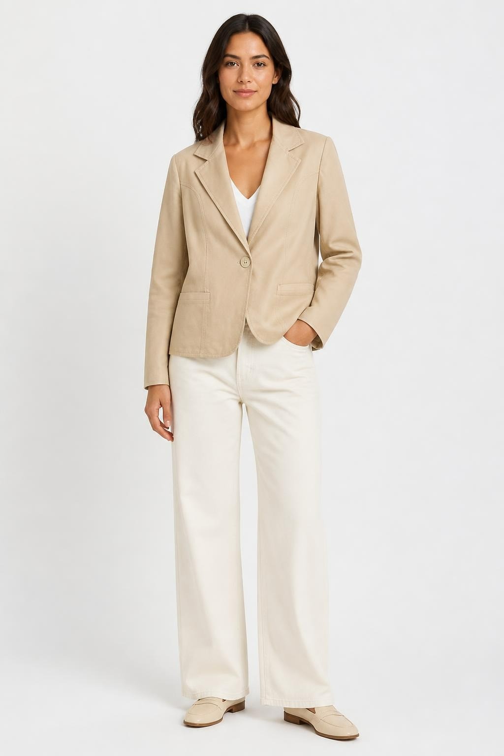 Veste Blazer en Cuir Beige à Bouton Unique | Seconde Main | Pourquoi Payer Plus