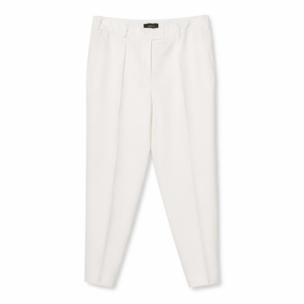 White pleated tapered dress trousers, belted - white studio shot, second-hand at Why Go Less, Dekwaneh, Lebanon