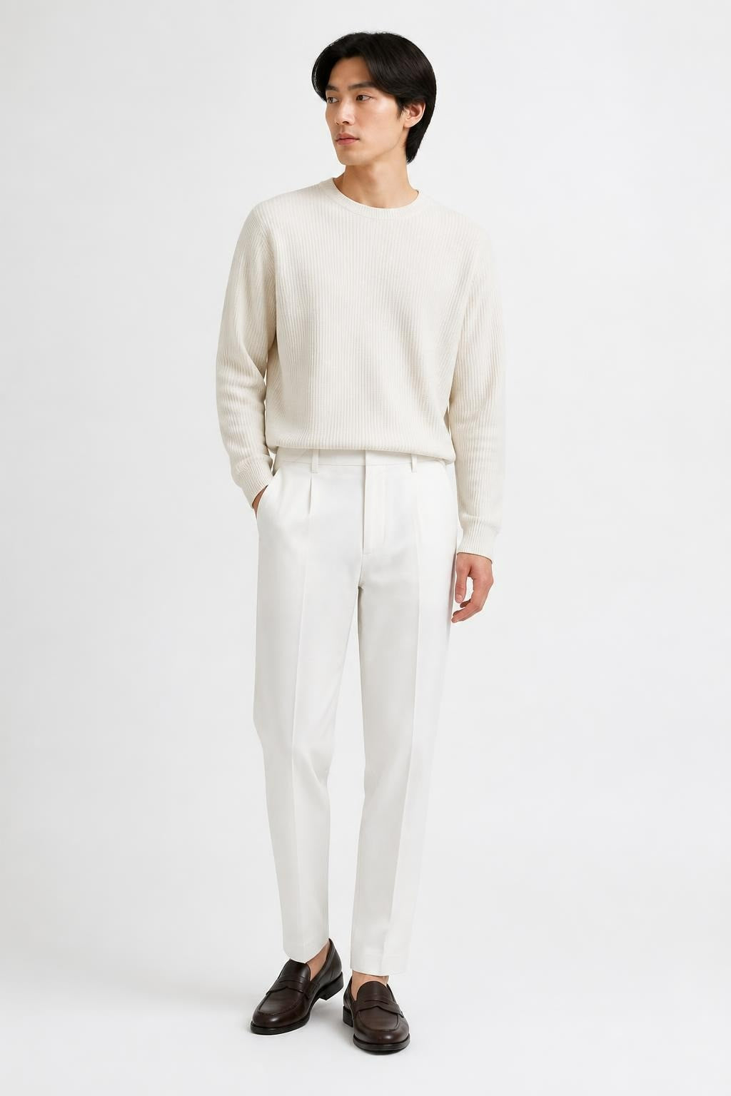 White pleated tapered dress trousers, belted | Pre-Loved | Why Go Less