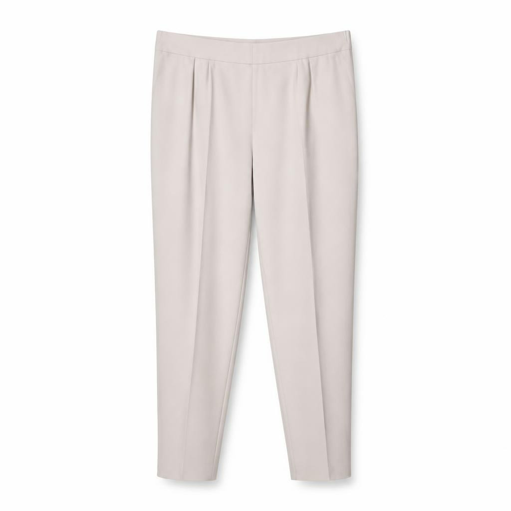Light beige pleated tapered trousers, elastic waist - white studio shot, second-hand at Why Go Less, Dekwaneh, Lebanon