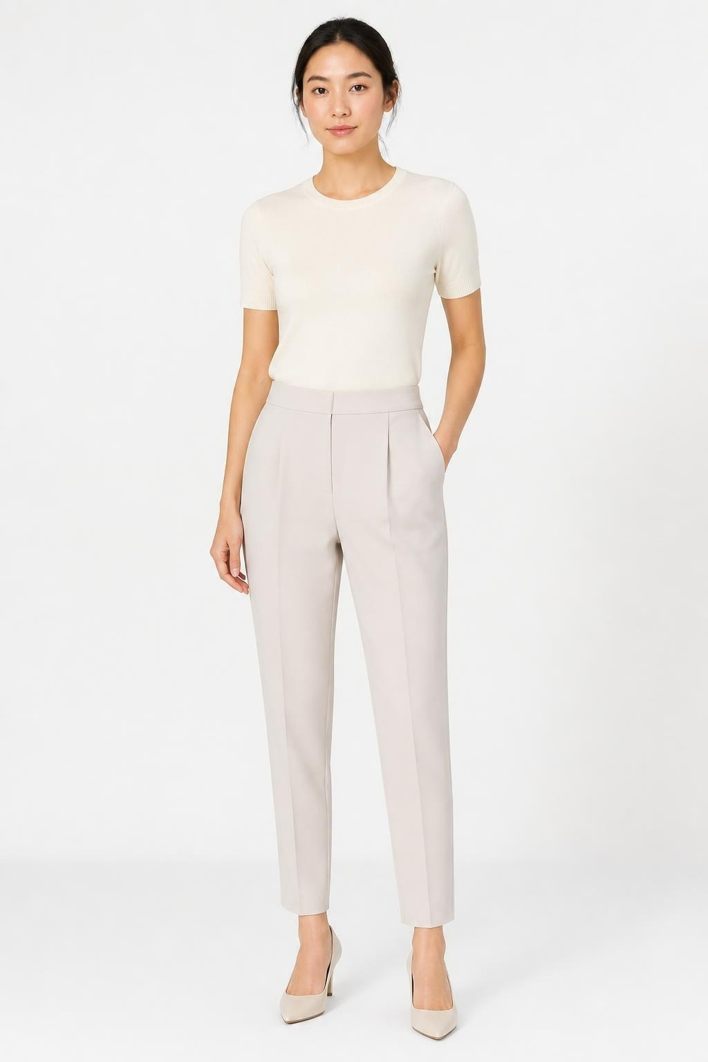 Light beige pleated tapered trousers, elastic waist | Pre-Loved | Why Go Less