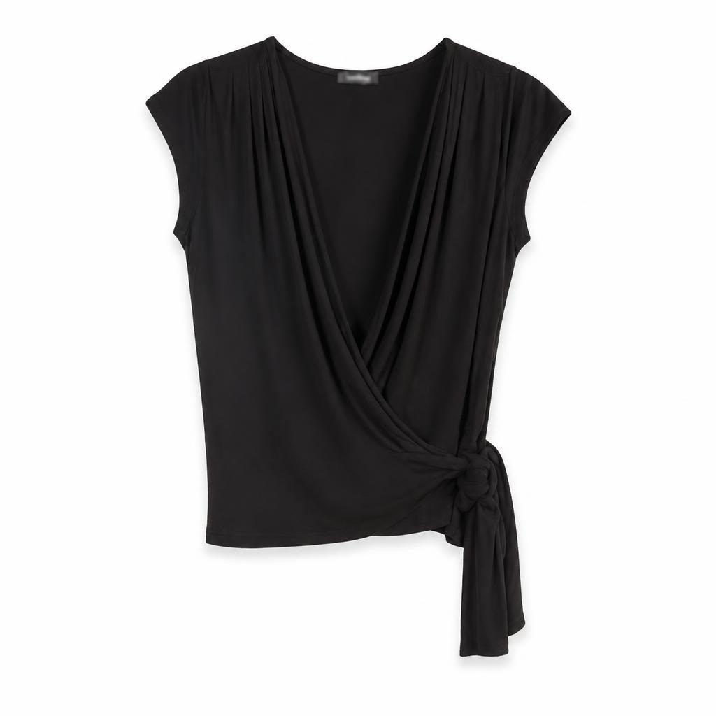 Black wrap tie-front sleeveless blouse top - white studio shot, second-hand at Why Go Less, Dekwaneh, Lebanon