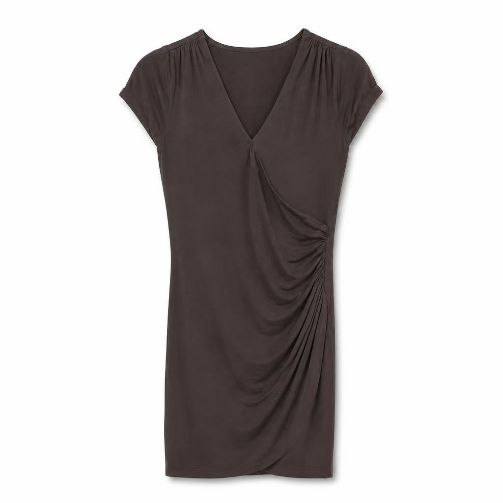 Dark brown ruched V-neck cap sleeve mini dress - white studio shot, second-hand at Why Go Less, Dekwaneh, Lebanon