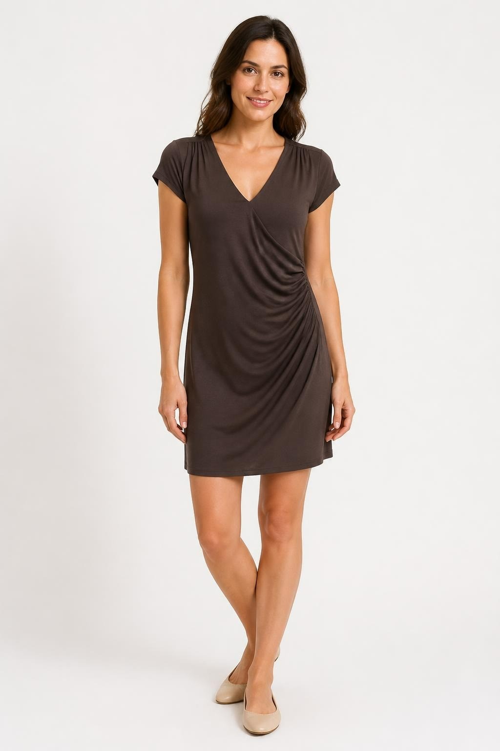 Dark brown ruched V-neck cap sleeve mini dress | Pre-Loved | Why Go Less
