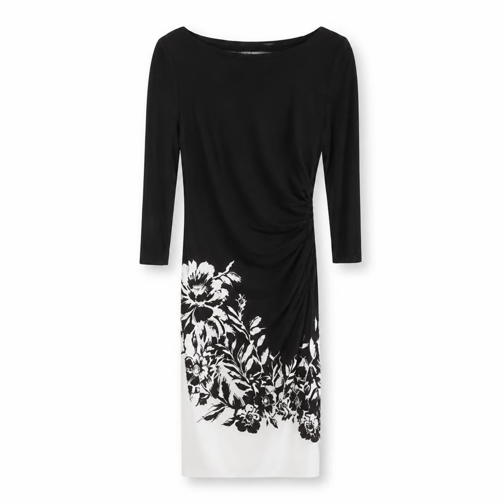 Black & white floral print ruched bodycon dress - white studio shot, second-hand at Why Go Less, Dekwaneh, Lebanon
