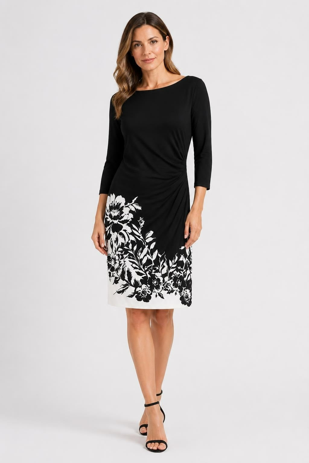 Black & white floral print ruched bodycon dress | Pre-Loved | Why Go Less
