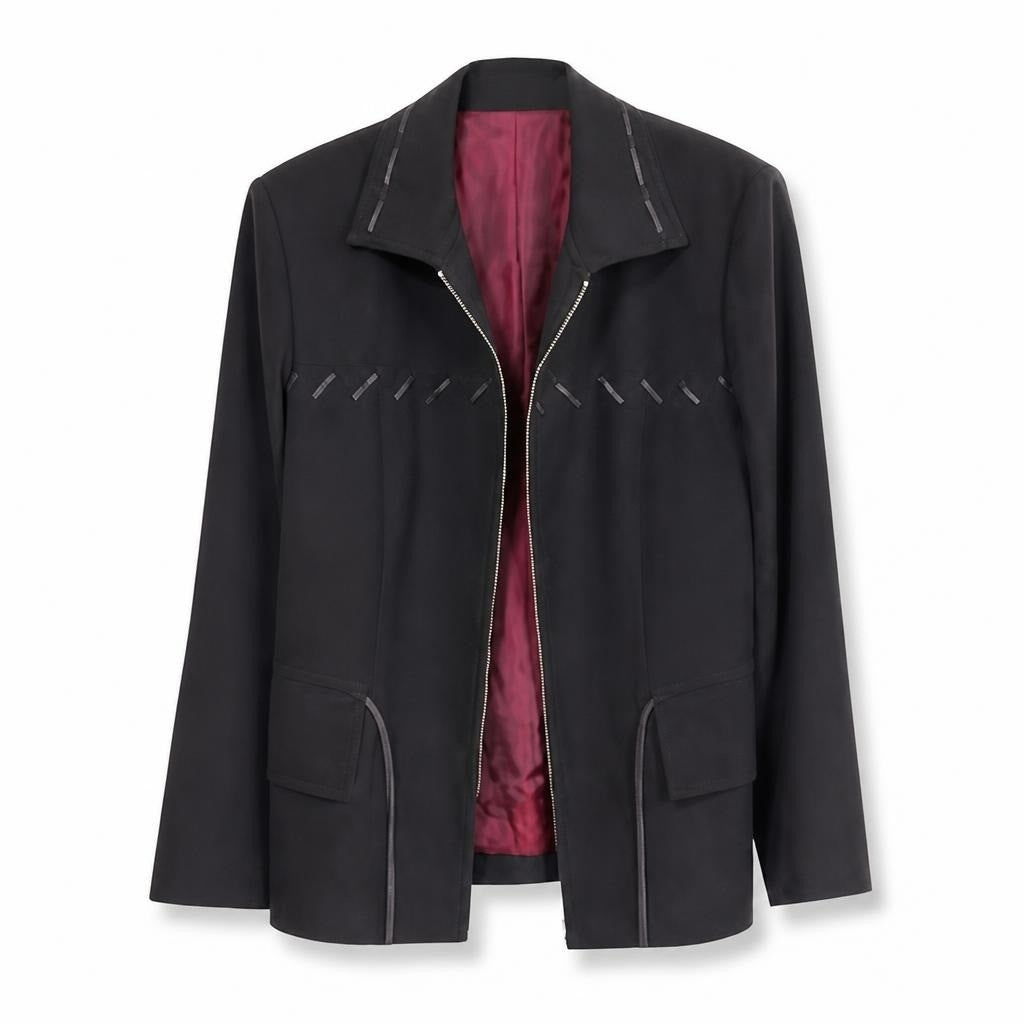 Black zip-up blazer jacket, rhinestone trim, pink lining - white studio shot, second-hand at Why Go Less, Dekwaneh, Lebanon