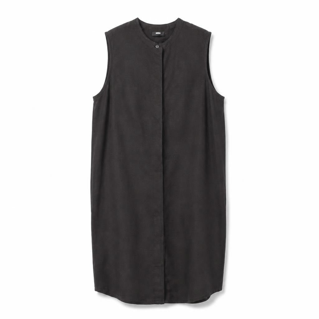Dark grey sleeveless collarless shirt dress - white studio shot, second-hand at Why Go Less, Dekwaneh, Lebanon