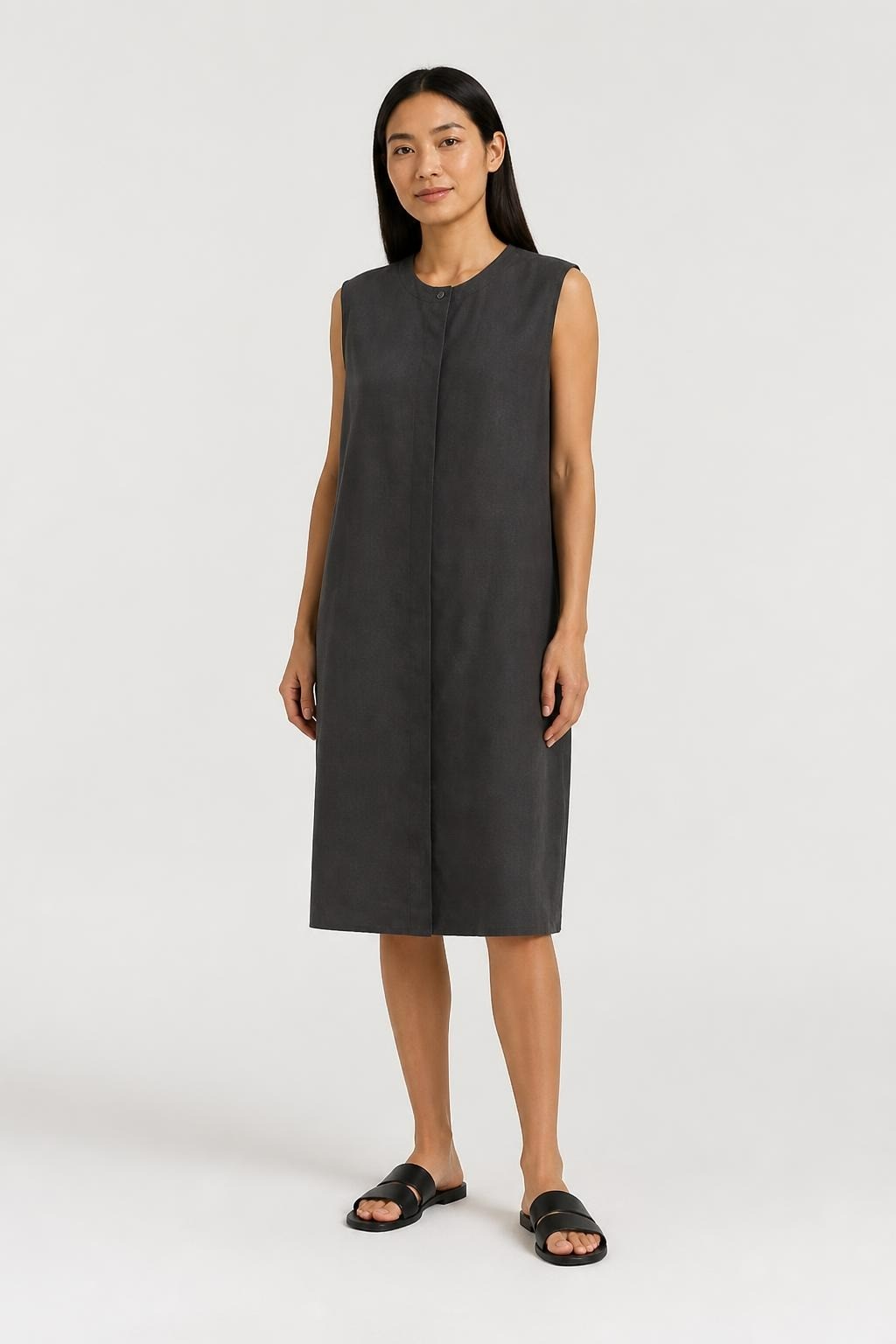 Dark grey sleeveless collarless shirt dress | Pre-Loved | Why Go Less