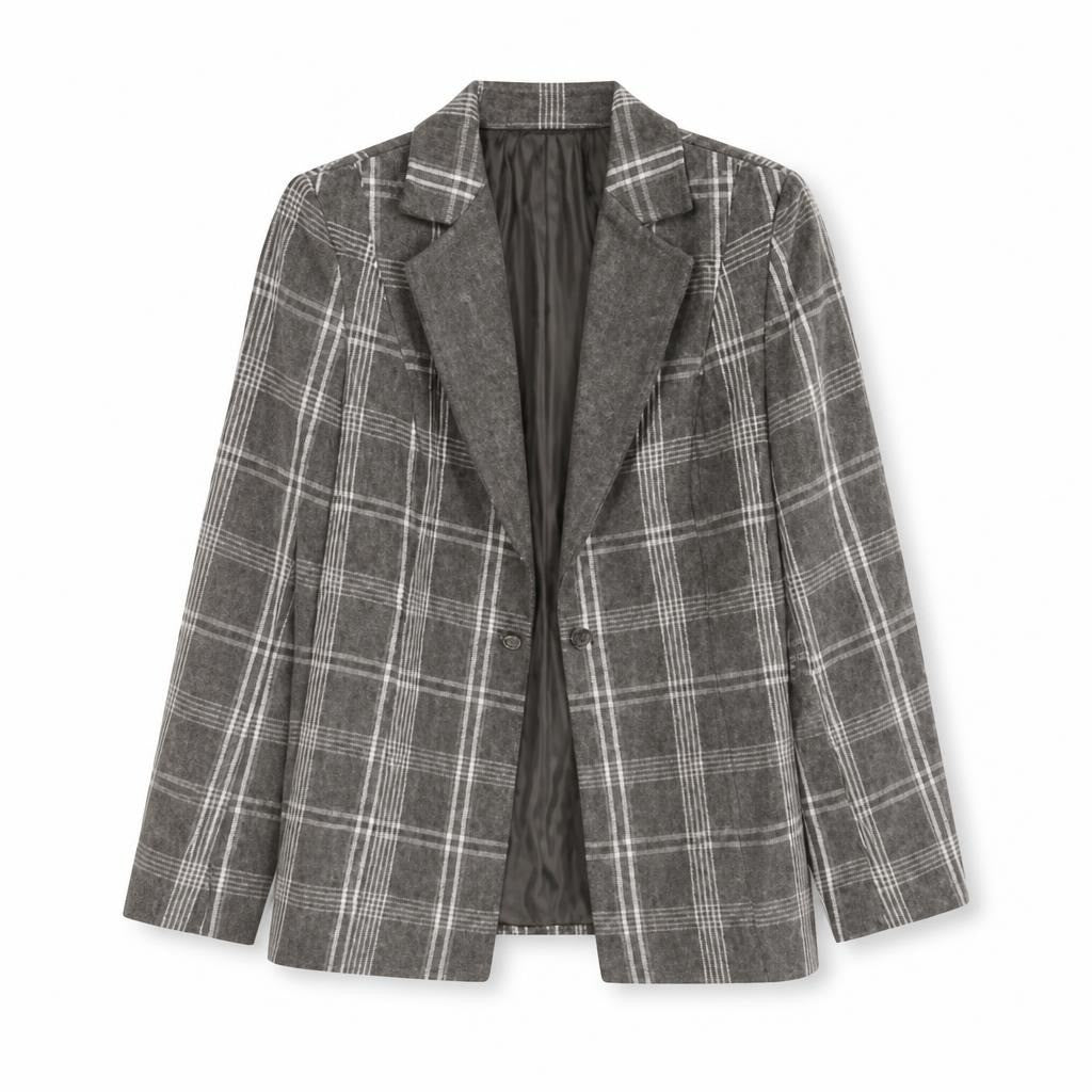 Grey plaid oversized blazer, size unknown - white studio shot, second-hand at Why Go Less, Dekwaneh, Lebanon