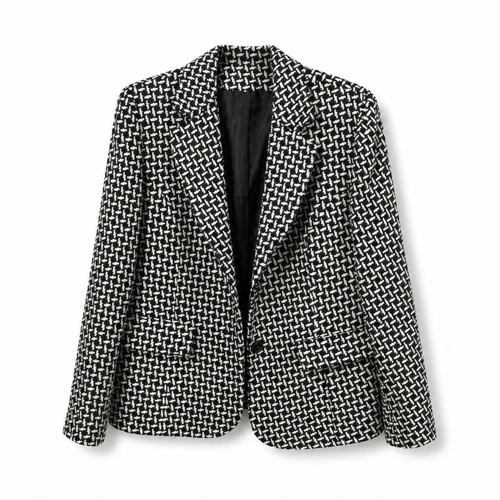 Black white geometric tweed blazer, size unknown - white studio shot, second-hand at Why Go Less, Dekwaneh, Lebanon
