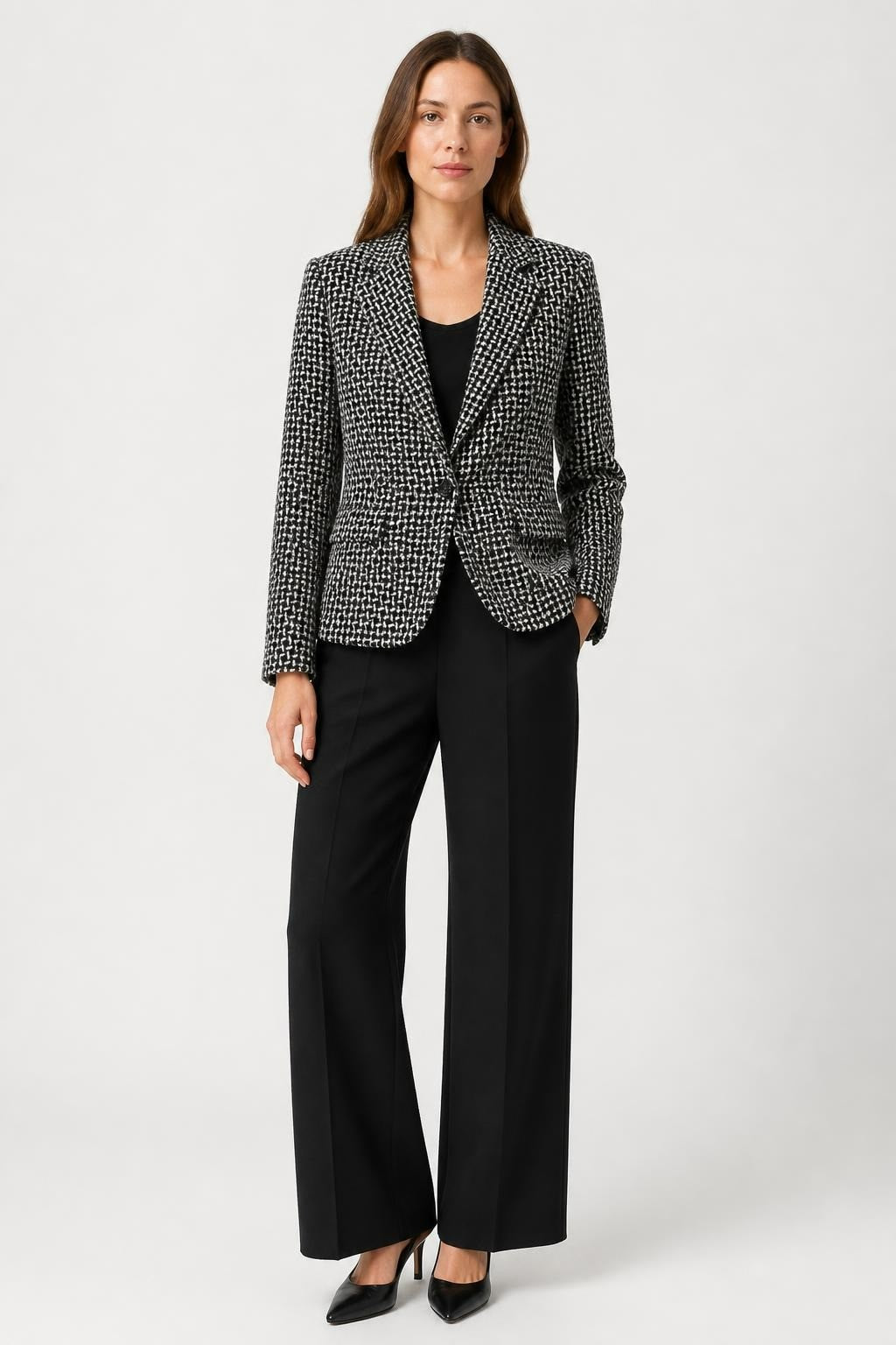 Blazer en tweed géométrique noir et blanc, taille inconnue | Seconde main | Pourquoi faire moins bien