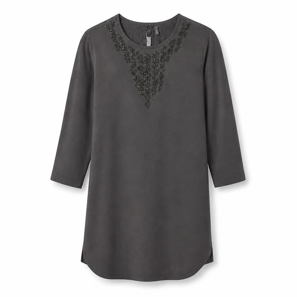Dark grey beaded neckline long tunic top - white studio shot, second-hand at Why Go Less, Dekwaneh, Lebanon