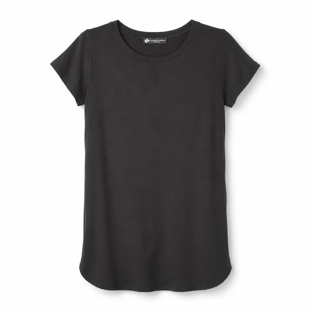 Black short sleeve crewneck tee, size unknown - white studio shot, second-hand at Why Go Less, Dekwaneh, Lebanon