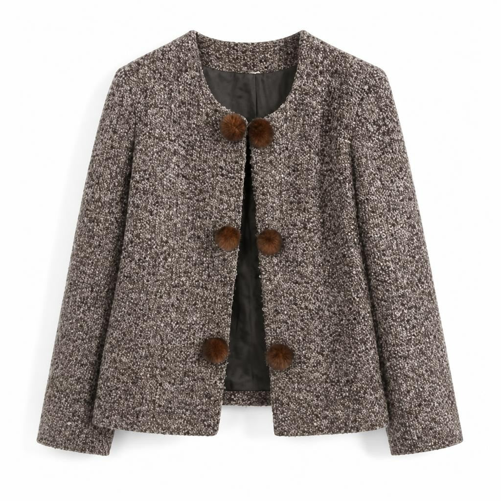 Brown tweed jacket with fur pom-pom buttons - white studio shot, second-hand at Why Go Less, Dekwaneh, Lebanon