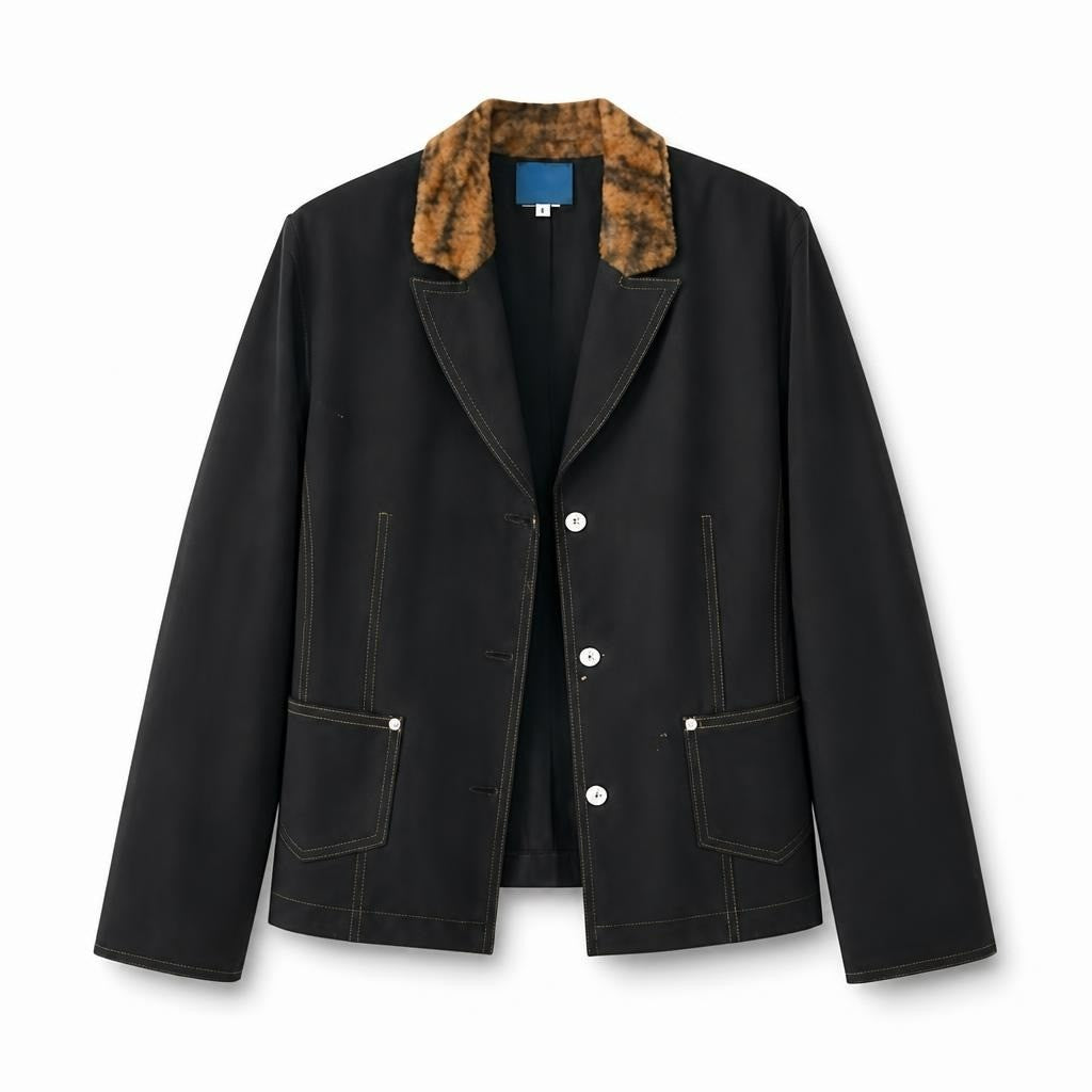 Versace Jeans dark blazer fur collar, size unknown - white studio shot, second-hand at Why Go Less, Dekwaneh, Lebanon