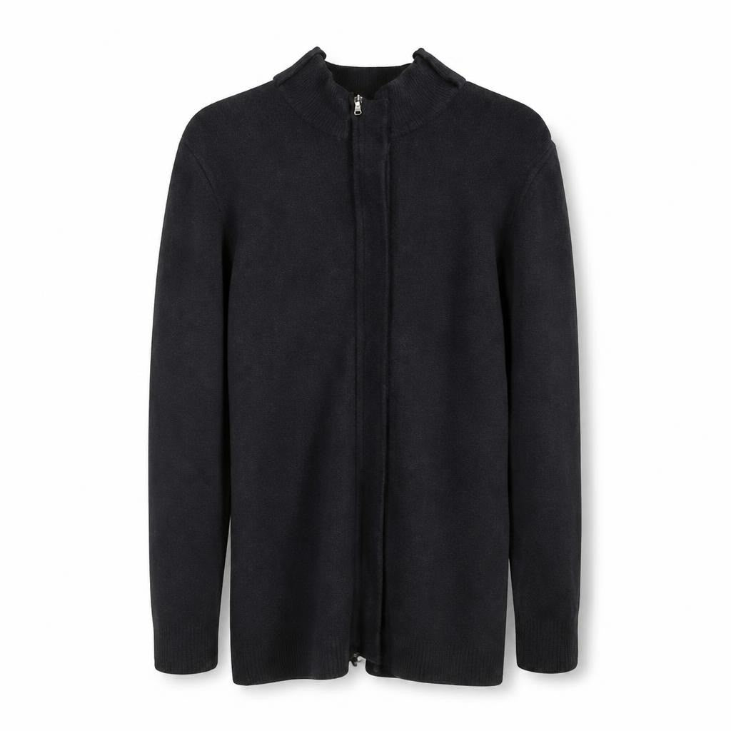 Black zip-up knit cardigan sweater - white studio shot, second-hand at Why Go Less, Dekwaneh, Lebanon