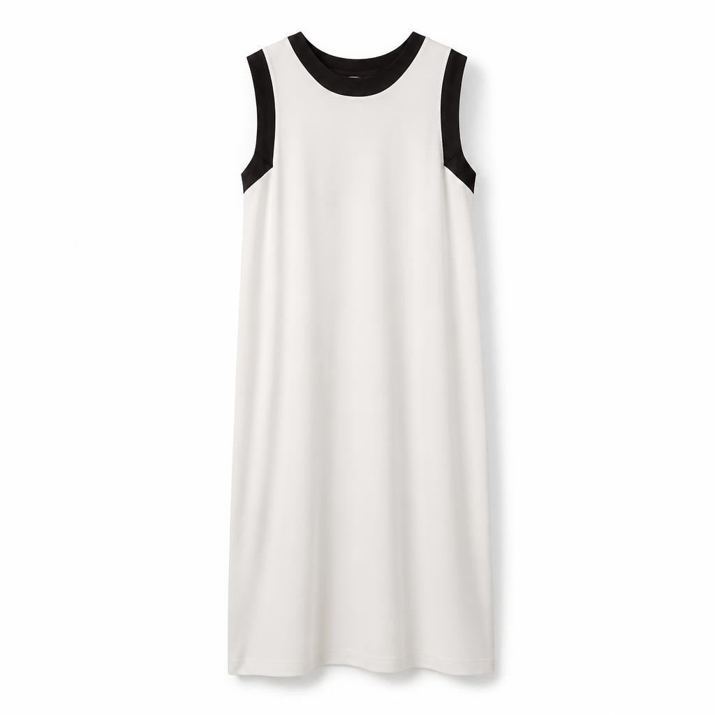 White sleeveless shift dress black trim - white studio shot, second-hand at Why Go Less, Dekwaneh, Lebanon