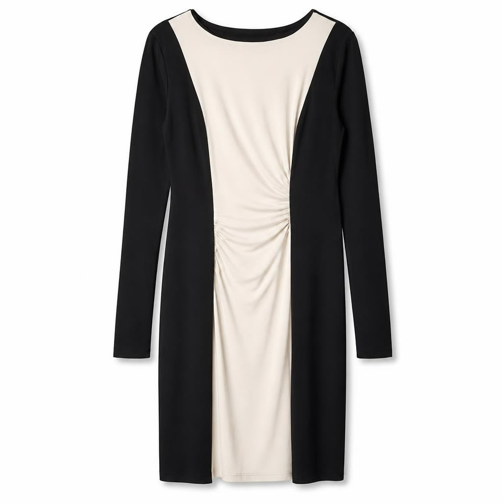 Black and cream colorblock long sleeve dress - white studio shot, second-hand at Why Go Less, Dekwaneh, Lebanon