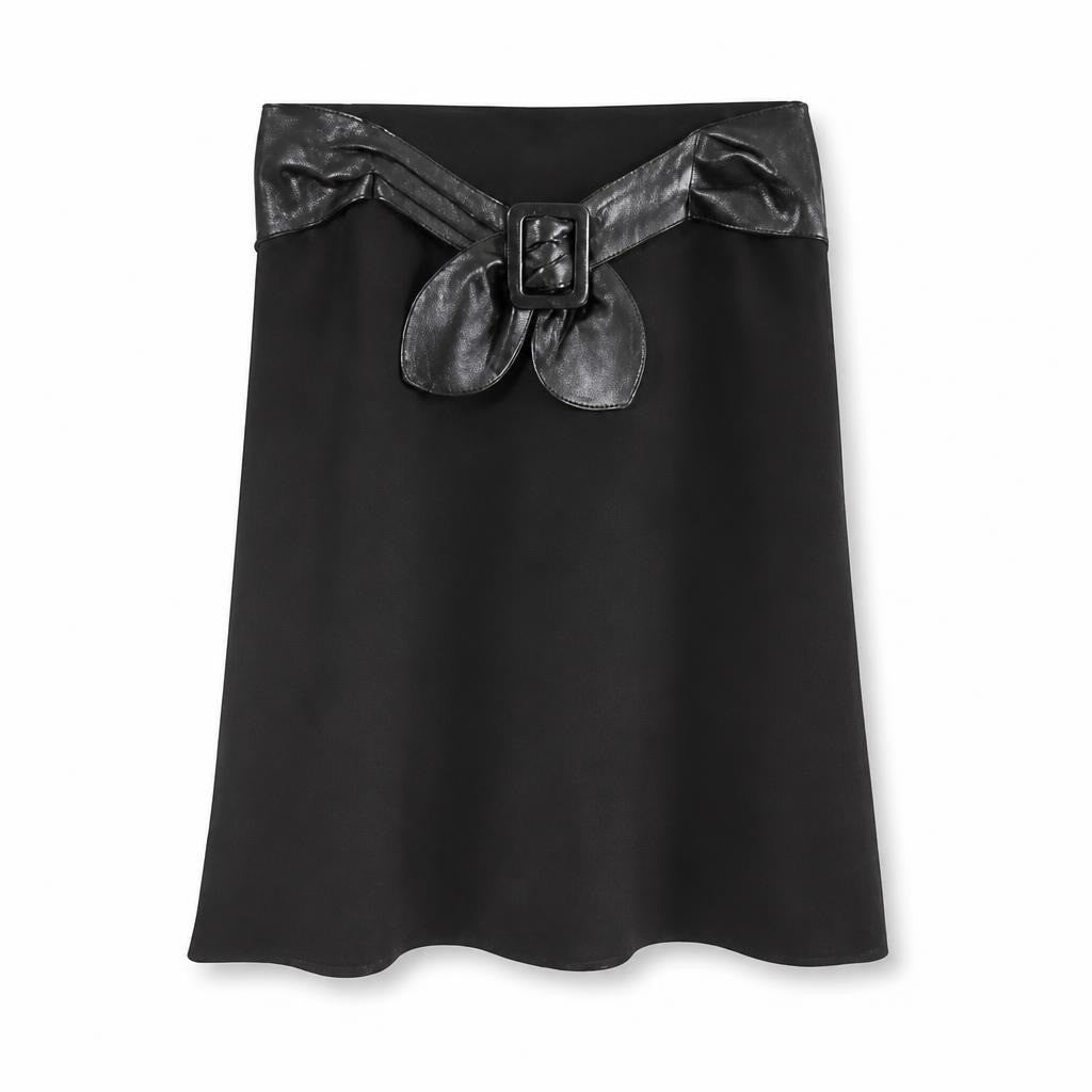 Black A-line skirt with leather bow belt - white studio shot, second-hand at Why Go Less, Dekwaneh, Lebanon