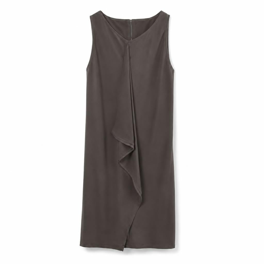Taupe sleeveless ruffle front shift dress - white studio shot, second-hand at Why Go Less, Dekwaneh, Lebanon