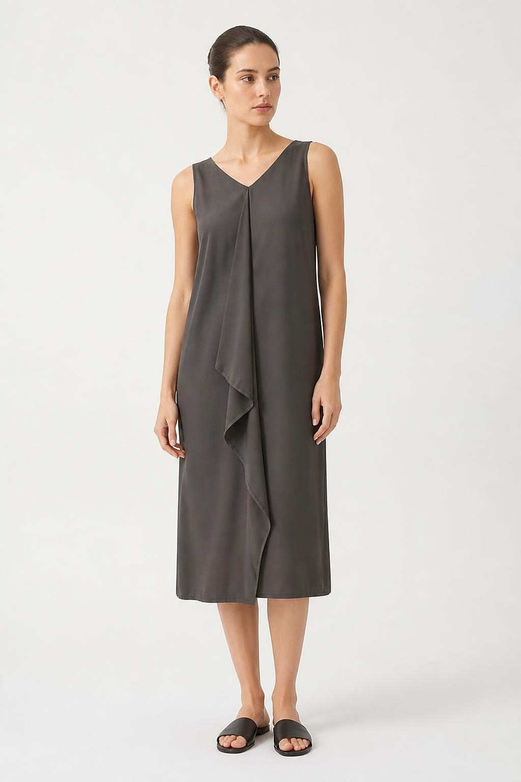 Taupe sleeveless ruffle front shift dress | Pre-Loved | Why Go Less
