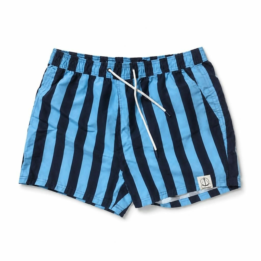Blue navy vertical stripe swim shorts with logo - white studio shot, second-hand at Why Go Less, Dekwaneh, Lebanon