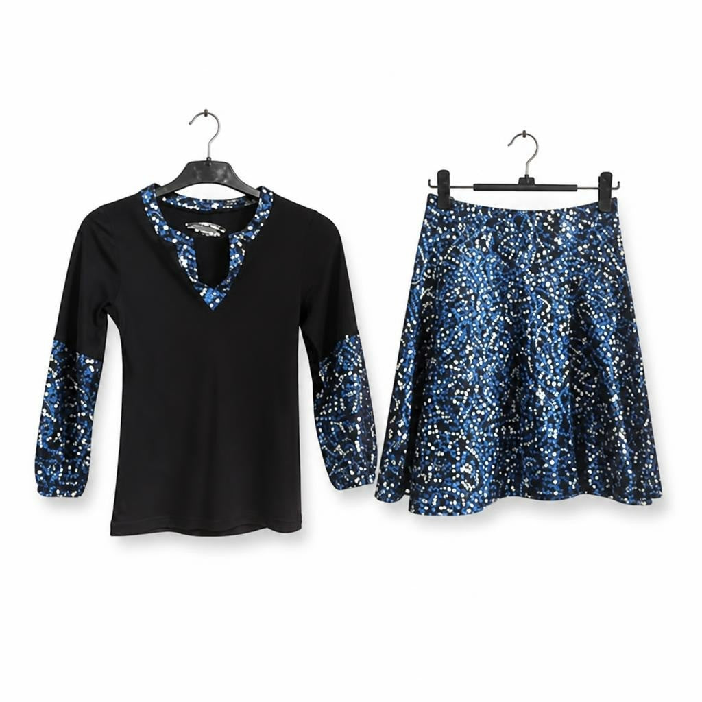 Black top and blue sequin print skirt set - white studio shot, second-hand at Why Go Less, Dekwaneh, Lebanon