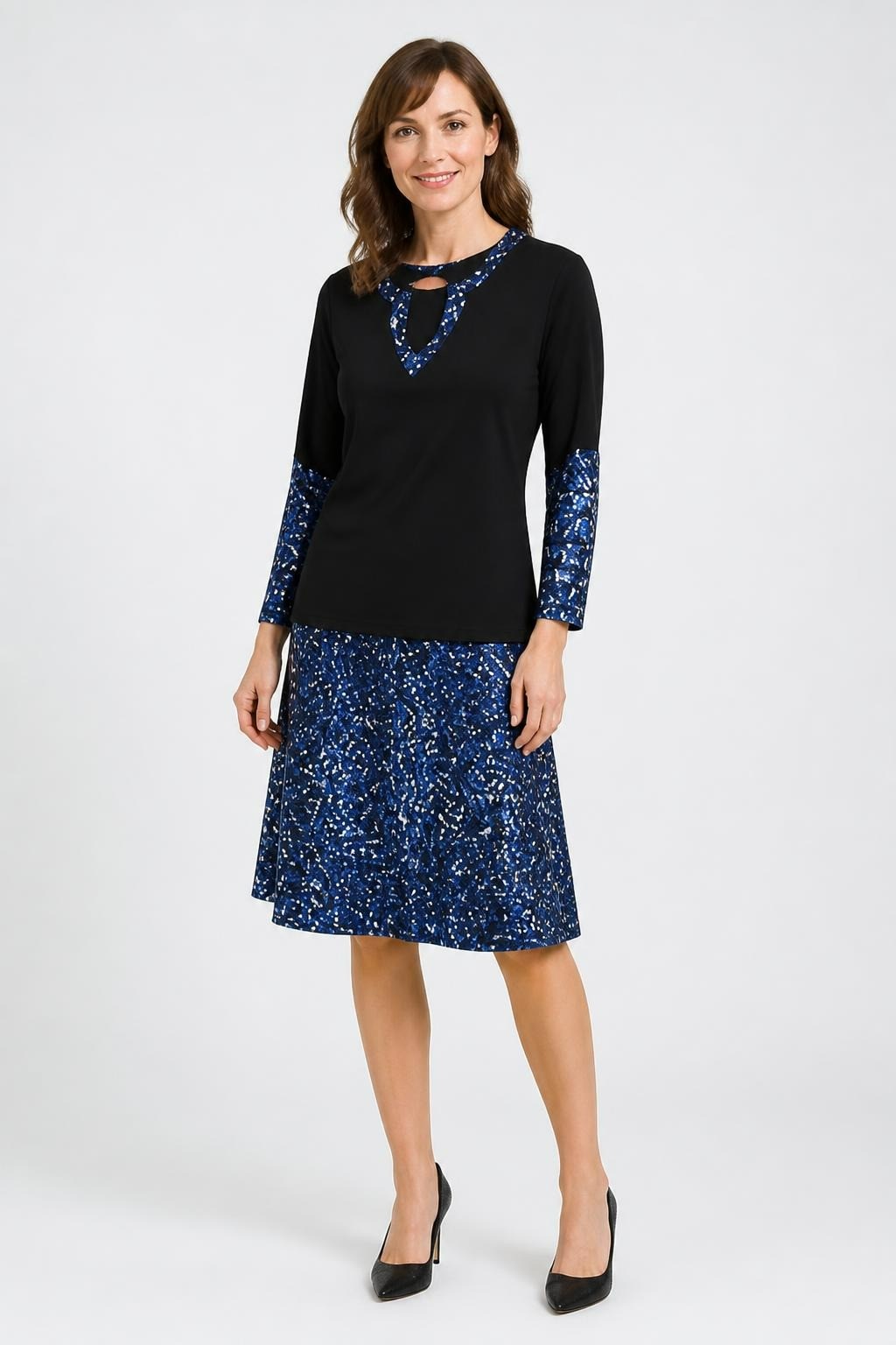 Black top and blue sequin print skirt set | Pre-Loved | Why Go Less