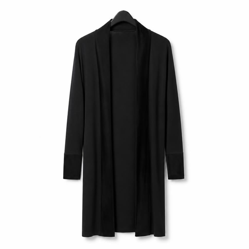 Long black open-front cardigan, flowy fit - white studio shot, second-hand at Why Go Less, Dekwaneh, Lebanon