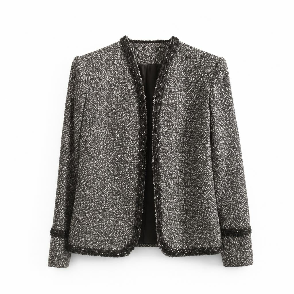 Grey tweed open-front jacket with sequin trim - white studio shot, second-hand at Why Go Less, Dekwaneh, Lebanon