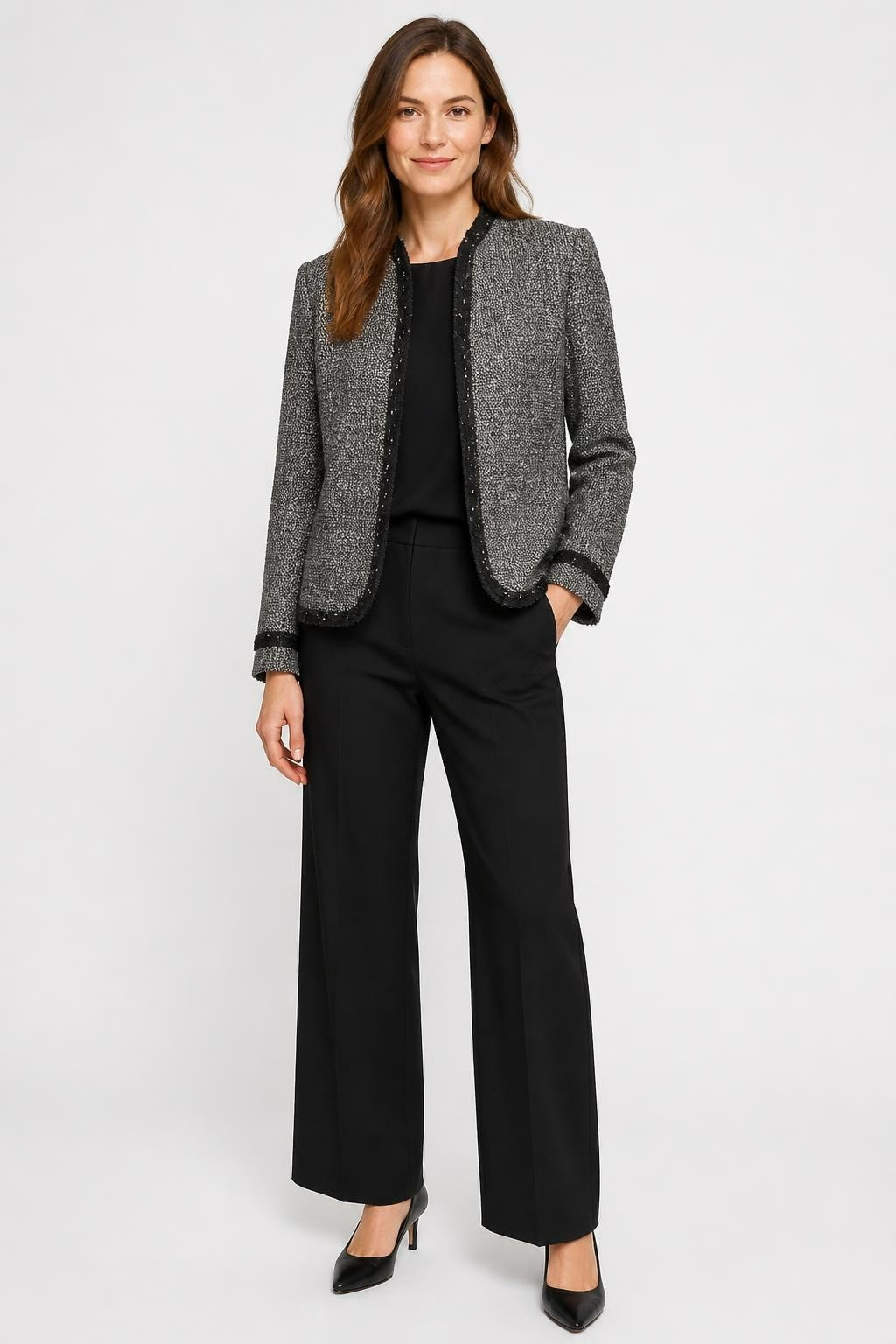 Grey tweed open-front jacket with sequin trim | Pre-Loved | Why Go Less