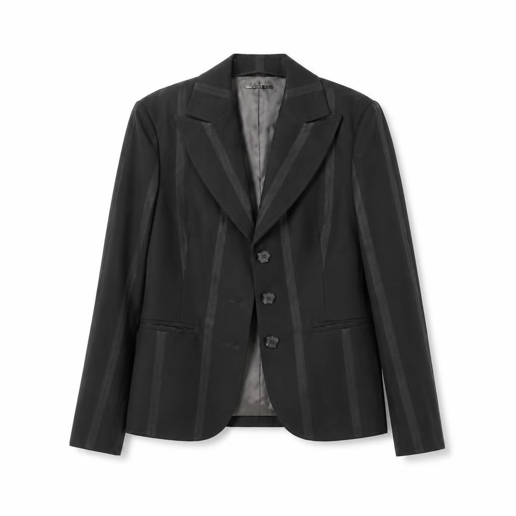 Black striped formal blazer, structured lapel - white studio shot, second-hand at Why Go Less, Dekwaneh, Lebanon
