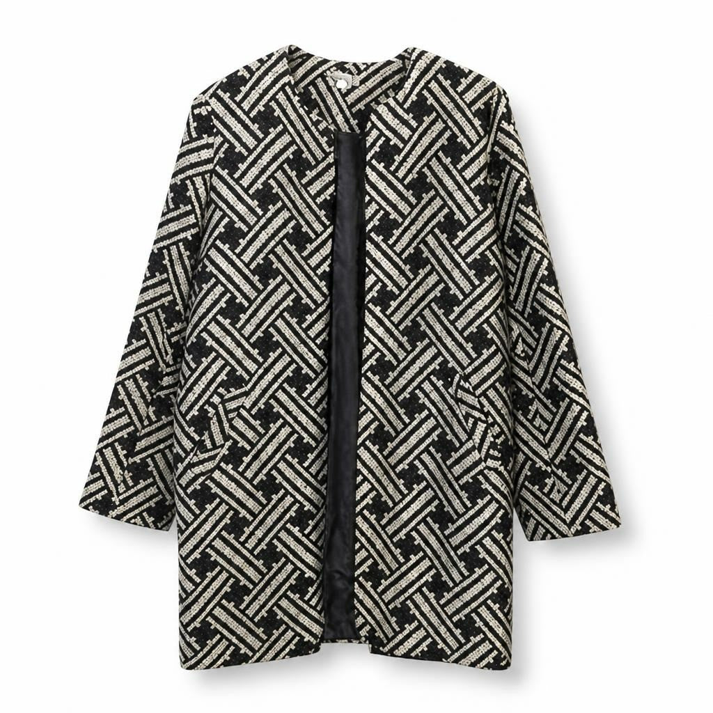 Black & white geometric pattern open-front coat - white studio shot, second-hand at Why Go Less, Dekwaneh, Lebanon
